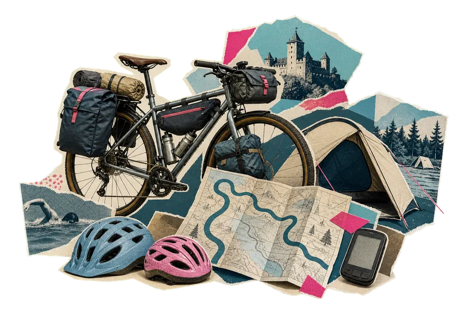 Zwei bepackte Reiseräder mit Zelt, Karte und Fahrradhelmen