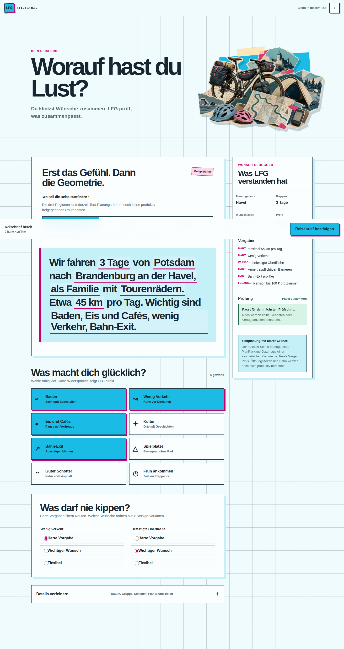 Der interaktive LFG.TOURS Reisebrief mit Tour-Satz, Wünschen und sichtbarer Prüfung