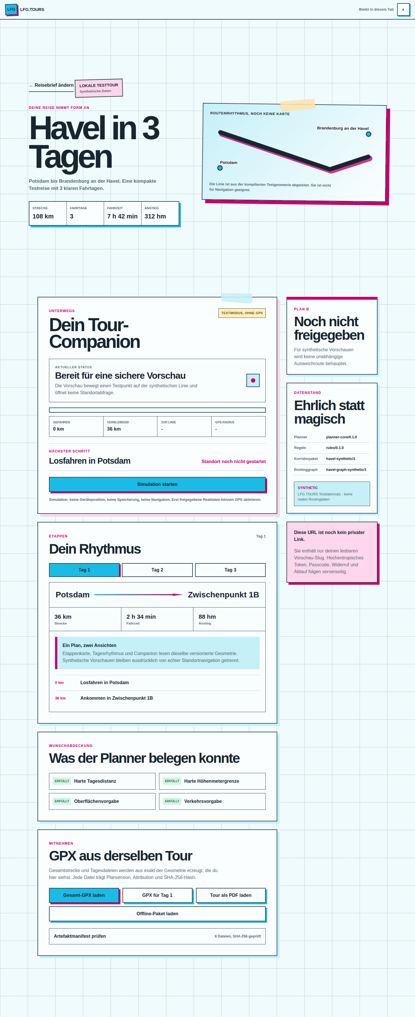 Eine LFG.TOURS Touransicht mit Etappen, Wunschabdeckung, Plan B und Exporten